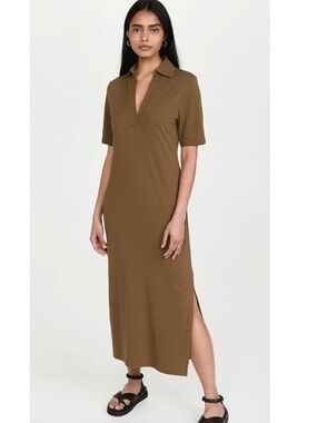 Collared V-Neck Midi Dress in Olive Brown